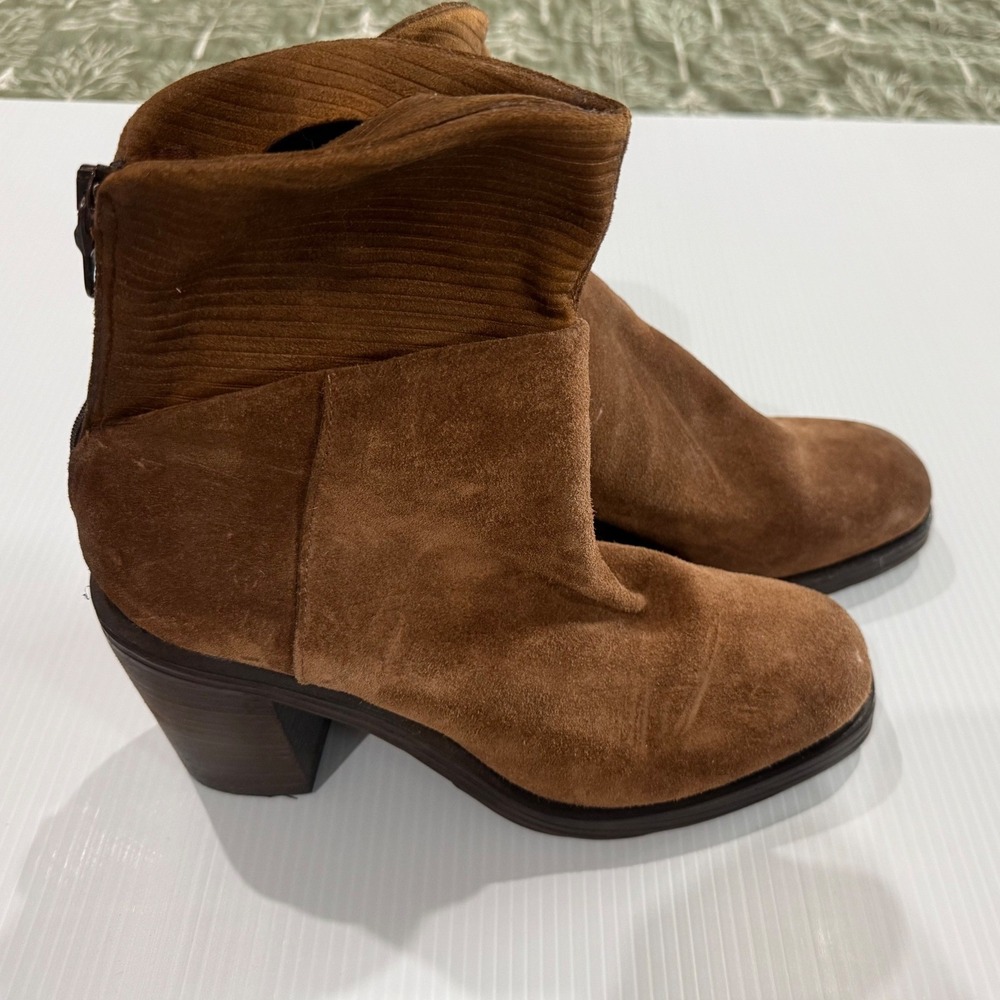 Brown Suede Ankle Boots Corduroy Trim Stacked Block Heel Size 39 Cognac Booties